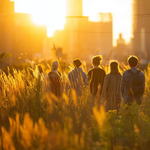 Eine Gruppe von etwa sechs Jugendlichen läuft bei tiefstehender, goldener Abendsonne durch eine Wiese mit hohem Gras. Die Sonnenstrahlen bringen die Gräser zum Leuchten und hüllen die Silhouetten der Jugendlichen in ein warmes Licht.