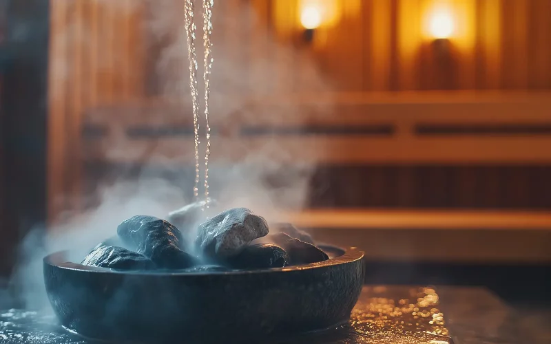 Nahaufnahme in einer Sauna: Ein dünner Wasserstrahl trifft auf dunkle, erhitzte Steine in einer Schale. Es bildet sich dichter weißer Dampf. Der Hintergrund mit hölzernen Saunabänken ist warm beleuchtet und leicht unscharf.