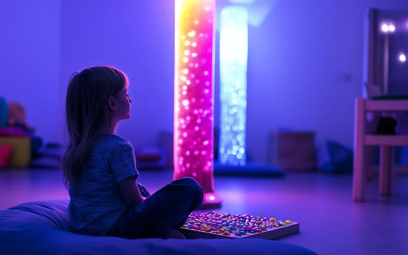 Profilansicht eines Kindes, das im Schneidersitz auf einem Kissen ruht und zwei hohe, sanft sprudelnde Lichtsäulen in Pink und Blau betrachtet. Der Raum ist in beruhigendes violettes Licht getaucht.