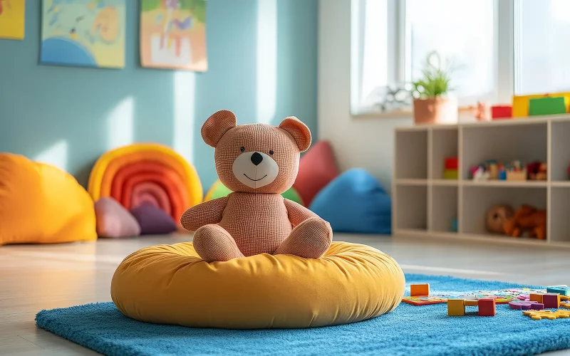Ausführlich: „Ein großer Stoffbär thront mittig auf einem runden, gelben Bodenkissen. Im Hintergrund ein lichtdurchfluteter Raum mit einem blauen Teppich, bunten Regenbogen-Elementen und Holzregalen, die eine ruhige Lernatmosphäre ausstrahlen.