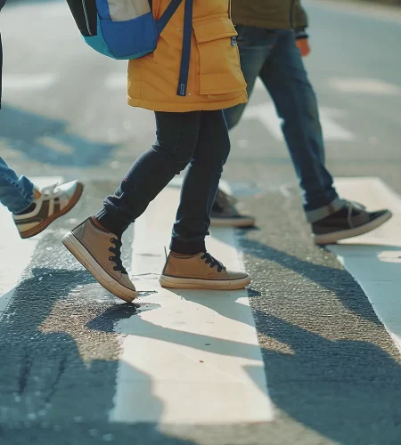 Nahaufnahme der Beine und Füße von Kindern, die hintereinander einen Fußgängerüberweg (Zebrastreifen) überqueren. Ein Kind trägt eine gelbe Jacke und einen blauen Rucksack.
